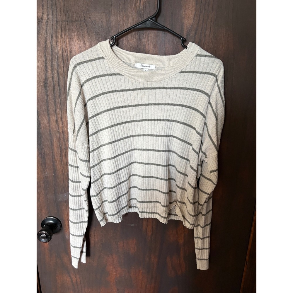 Madewell Striped Ribbed Knit Sweater Cotton Hemp Silk Blend Cream Olive Large